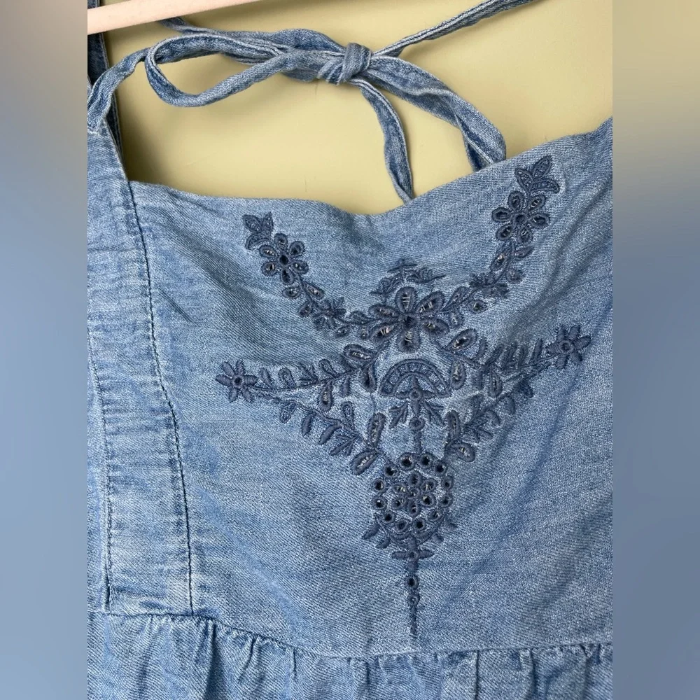 OLD NAVY 100% Cotton Smocked Denim Boho Blouse Seersucker Design Flutter Sleeve - Picture 4 of 10